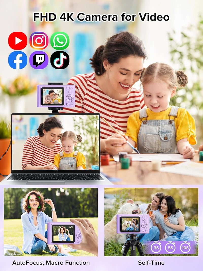 BEARBISU Digital Camera, 44MP Full HD 1080P Point and Shoot Camera with 64GB Card, Anti Shake 16X Zoom Compact Volg Cameras, Portable Small Digicam Gift for Kids, Ages Teen Girl Boy - Purple - Image 3